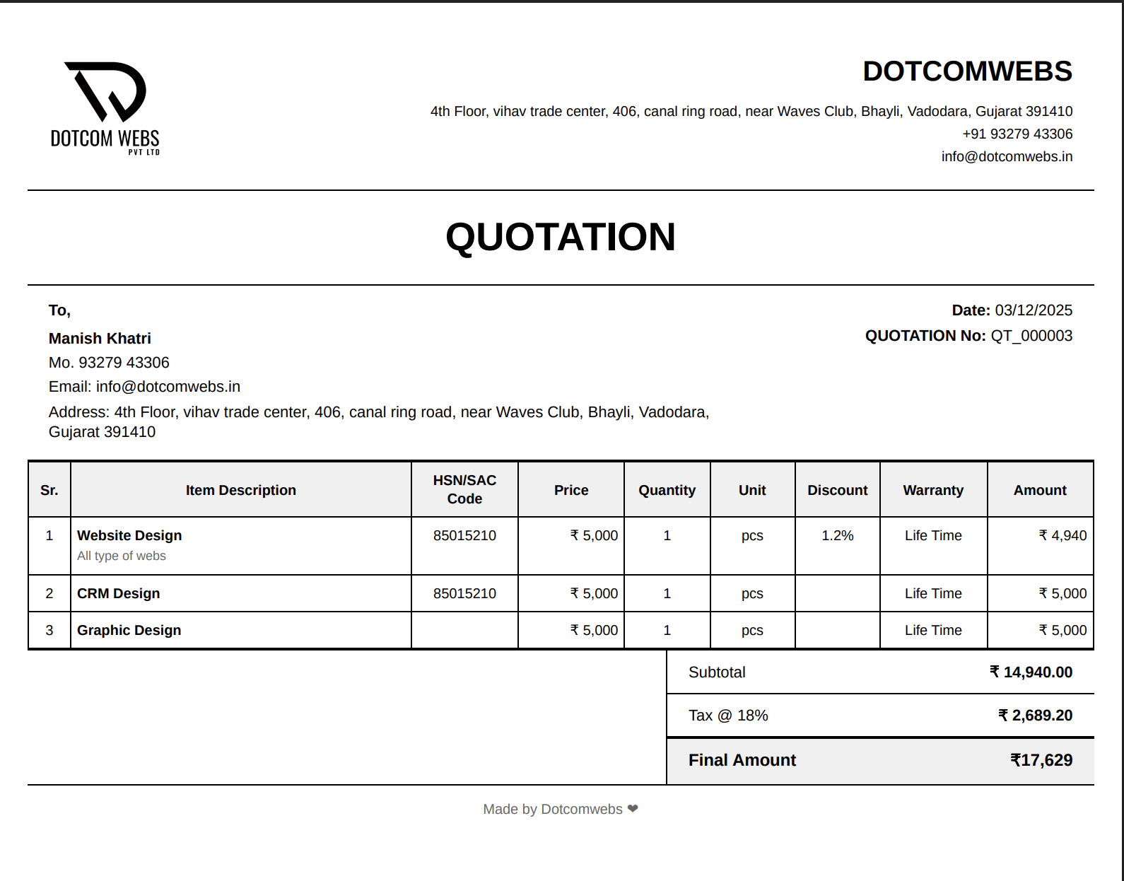 WebsQuote CRM Dashboard